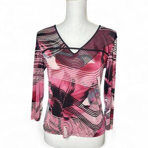 Womens Small Nexxen Pink V-Neck Long Sleeve Stretch Top Retro Y2K Work Abstract